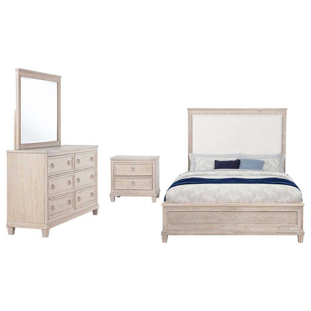 Queen bedroom set featuring bed, nightstand, and dresser with mirror in washed oak