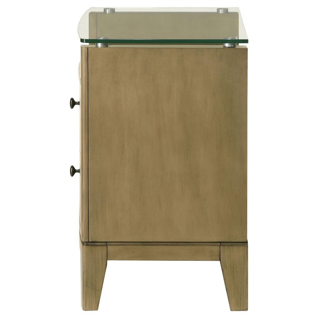 Natural pine nightstand with glass top, two drawers, and side metal handles