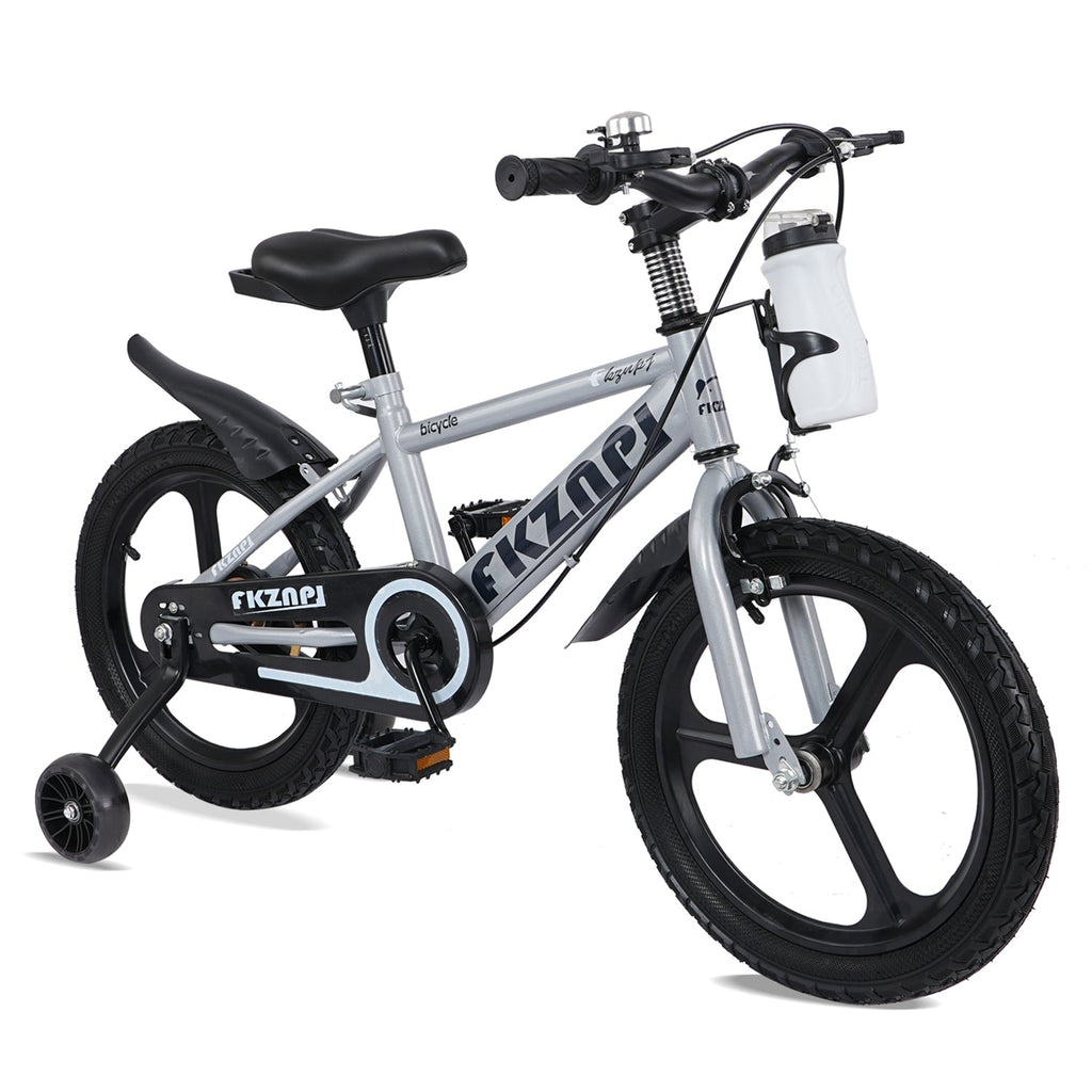 16-inch kids bike with training wheels, white frame, black tires, front fork and handlebars.