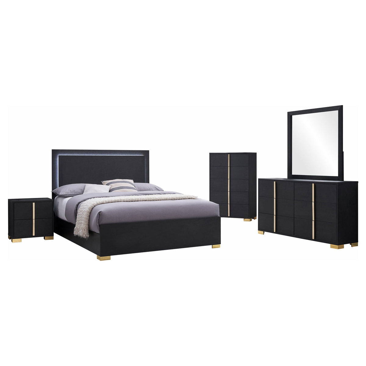 Queen bedroom set featuring black bed, two nightstands, and wall mirror