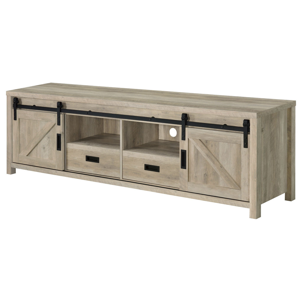Distressed pine TV stand with black bar handles, 2 doors, and central drawers
