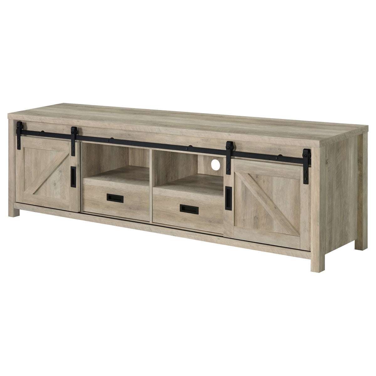 Distressed pine TV stand with black bar handles, 2 doors, and central drawers