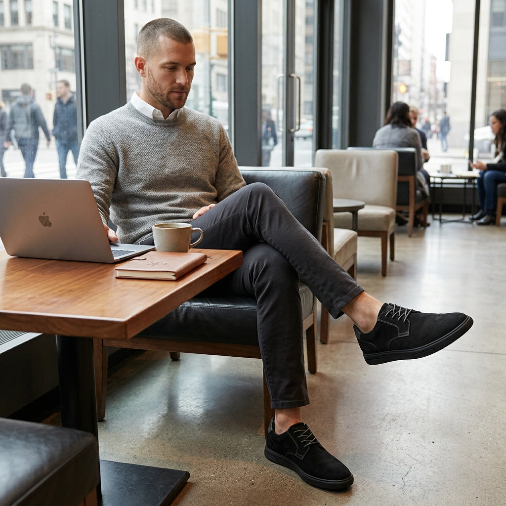 Men's black casual oxford shoes with lace-up suede upper and rubber sole