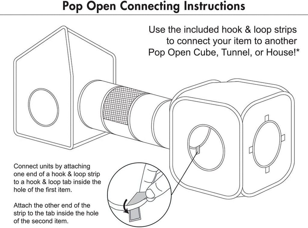 Line drawing showing how to connect pop-up cubes with a tunnel and hook-and-loop strips