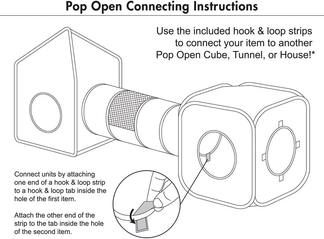 Line drawing showing how to connect pop-up cubes with a tunnel and hook-and-loop strips