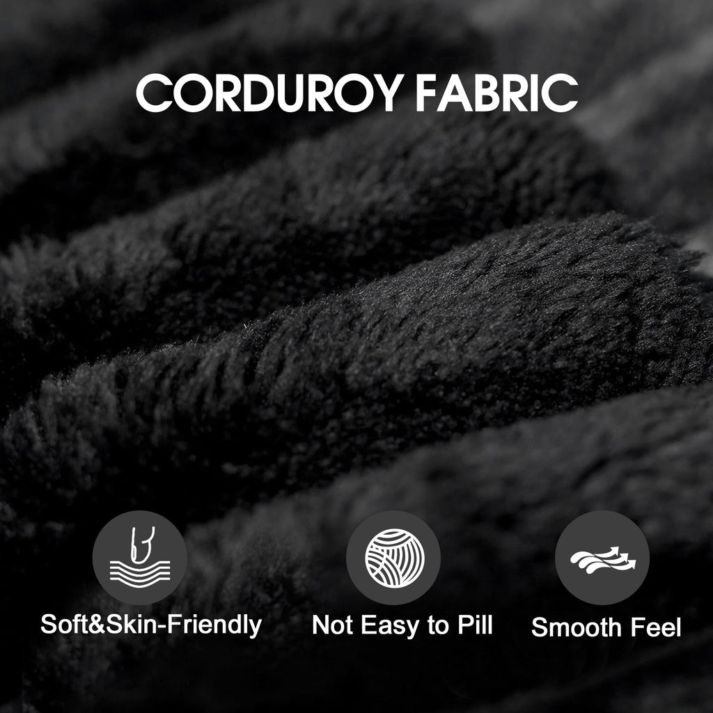 Black corduroy fabric texture close-up with soft-touch and smooth feel icons