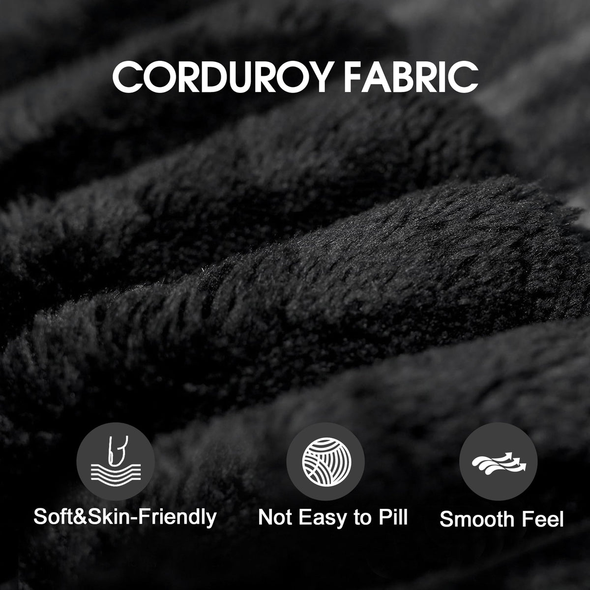 Black corduroy fabric texture close-up with soft-touch and smooth feel icons