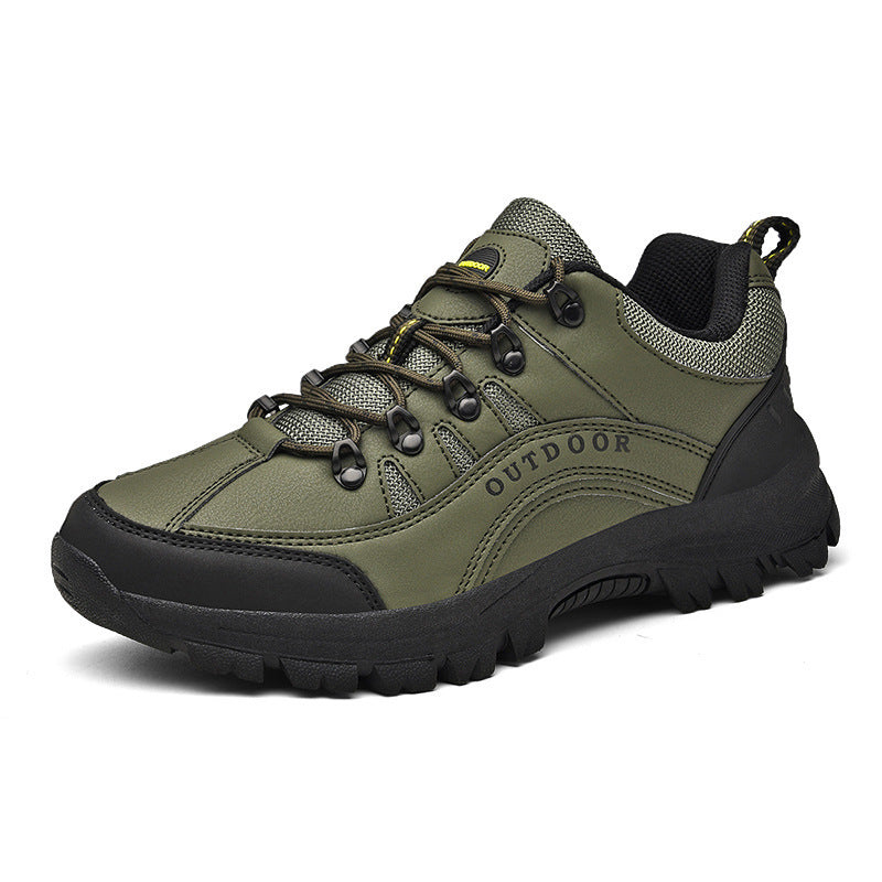 Men's olive hiking sneakers, lace-up low-top with protective side panels and tread sole