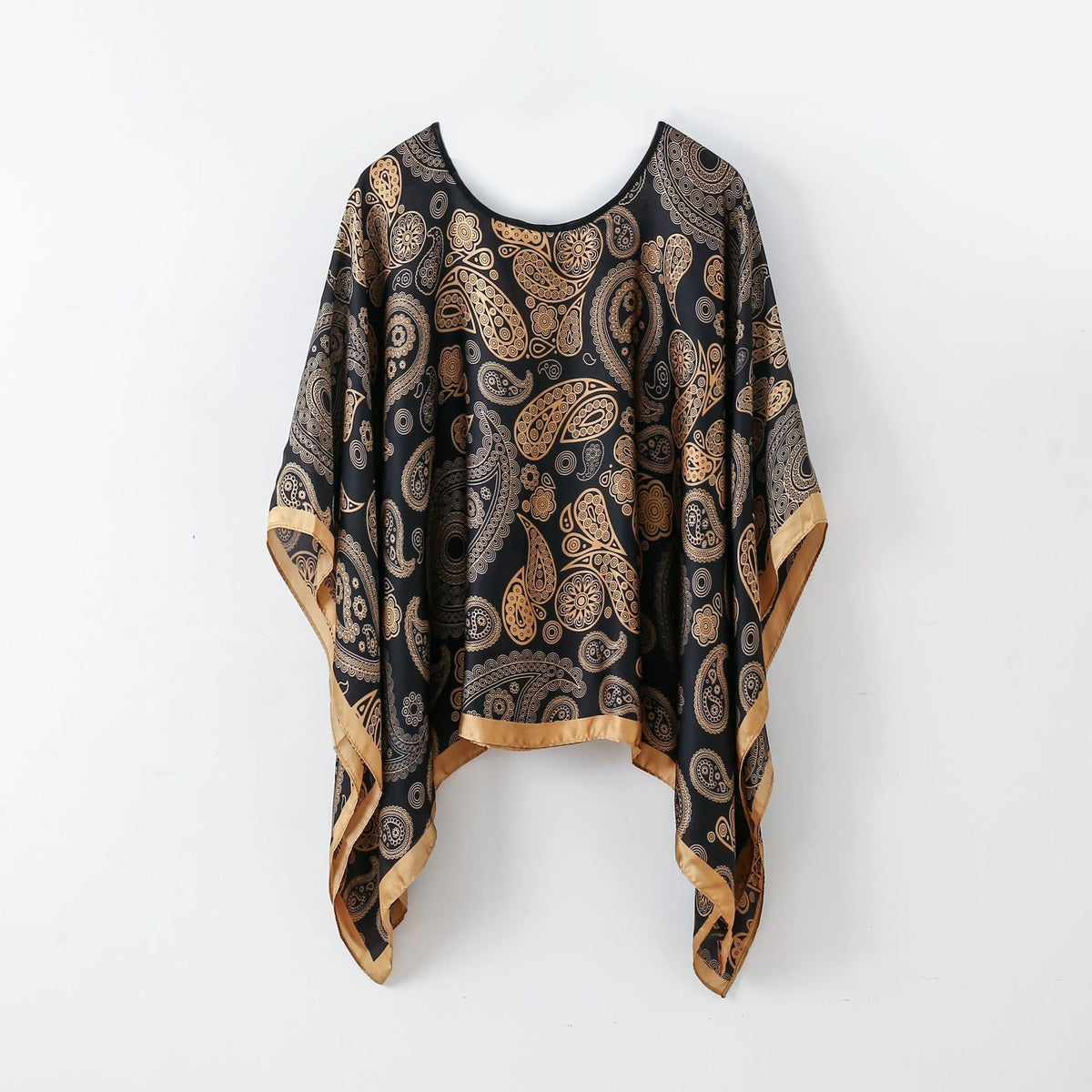 Women's paisley pullover shawl with batwing sleeves, dark brown and gold pattern