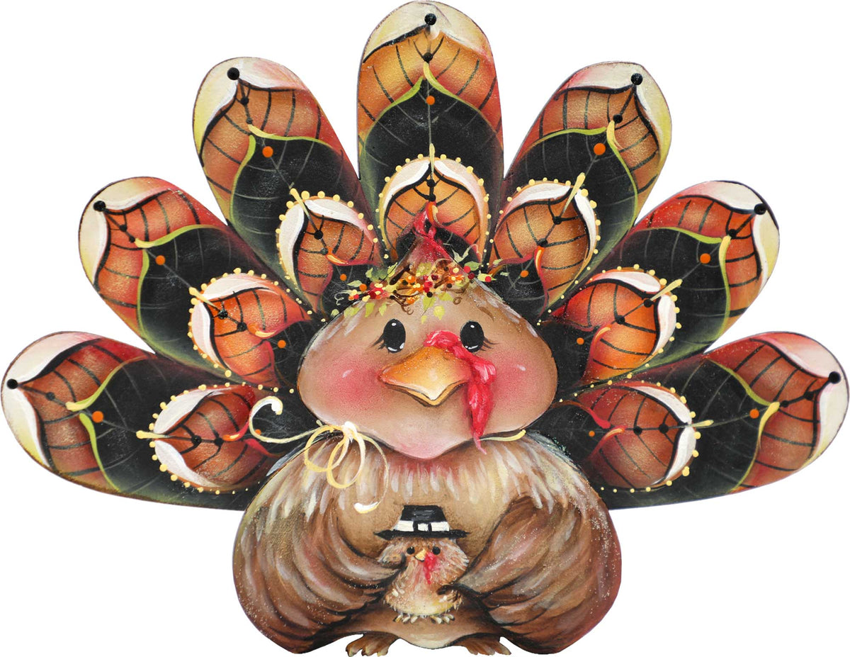 Turkey door hanger decor close-up with orange-and-black feather fan and pink beak