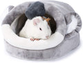 Gray plush small-animal bed with a wide white-trimmed opening and koala nose detail