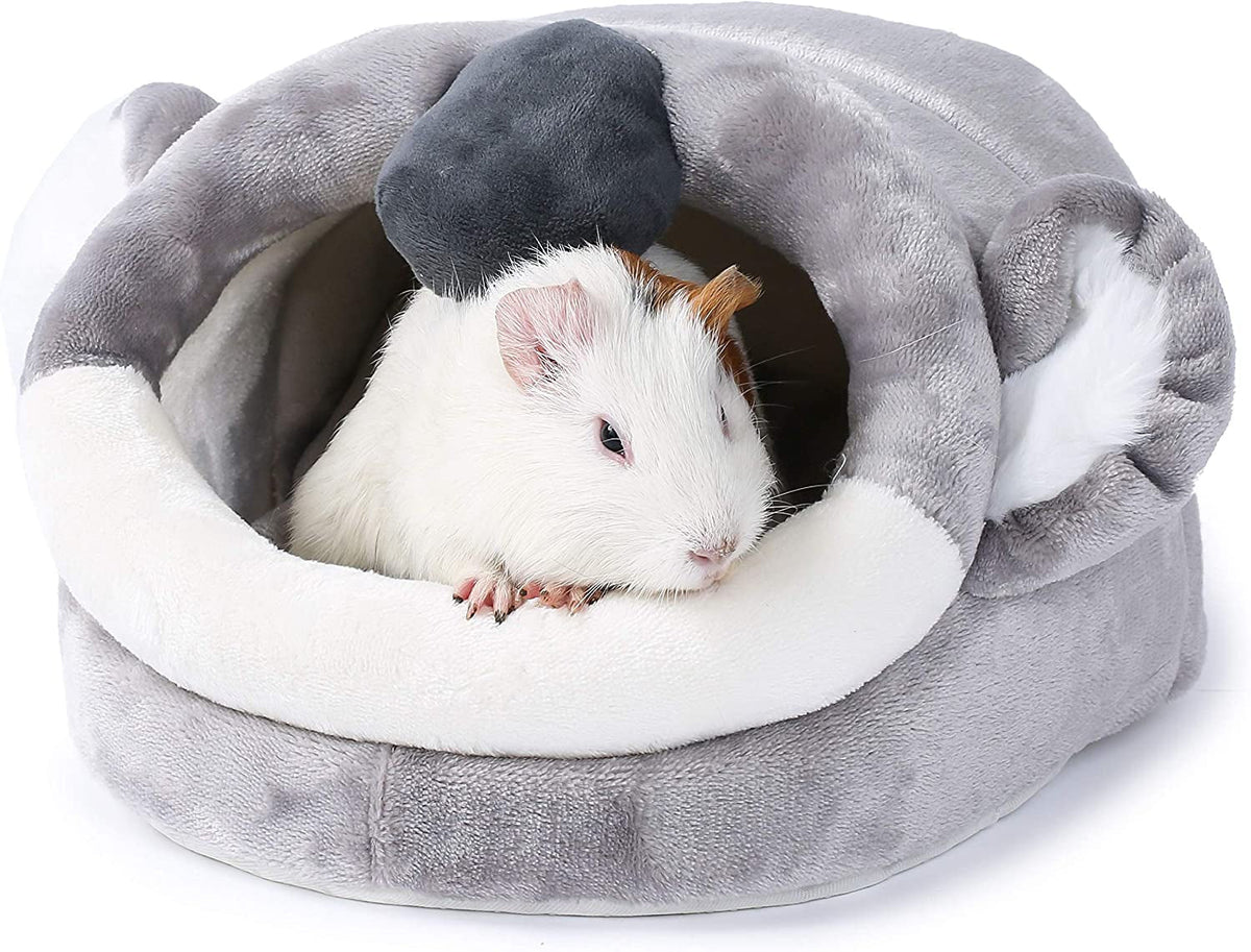 Gray plush small-animal bed with a wide white-trimmed opening and koala nose detail