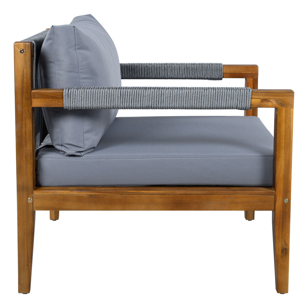 Outdoor accent chair with acacia wood frame, dark gray cushions, gray rope-textured backrest
