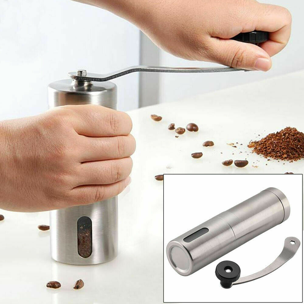 Stainless steel manual coffee grinder with crank handle and ground coffee container