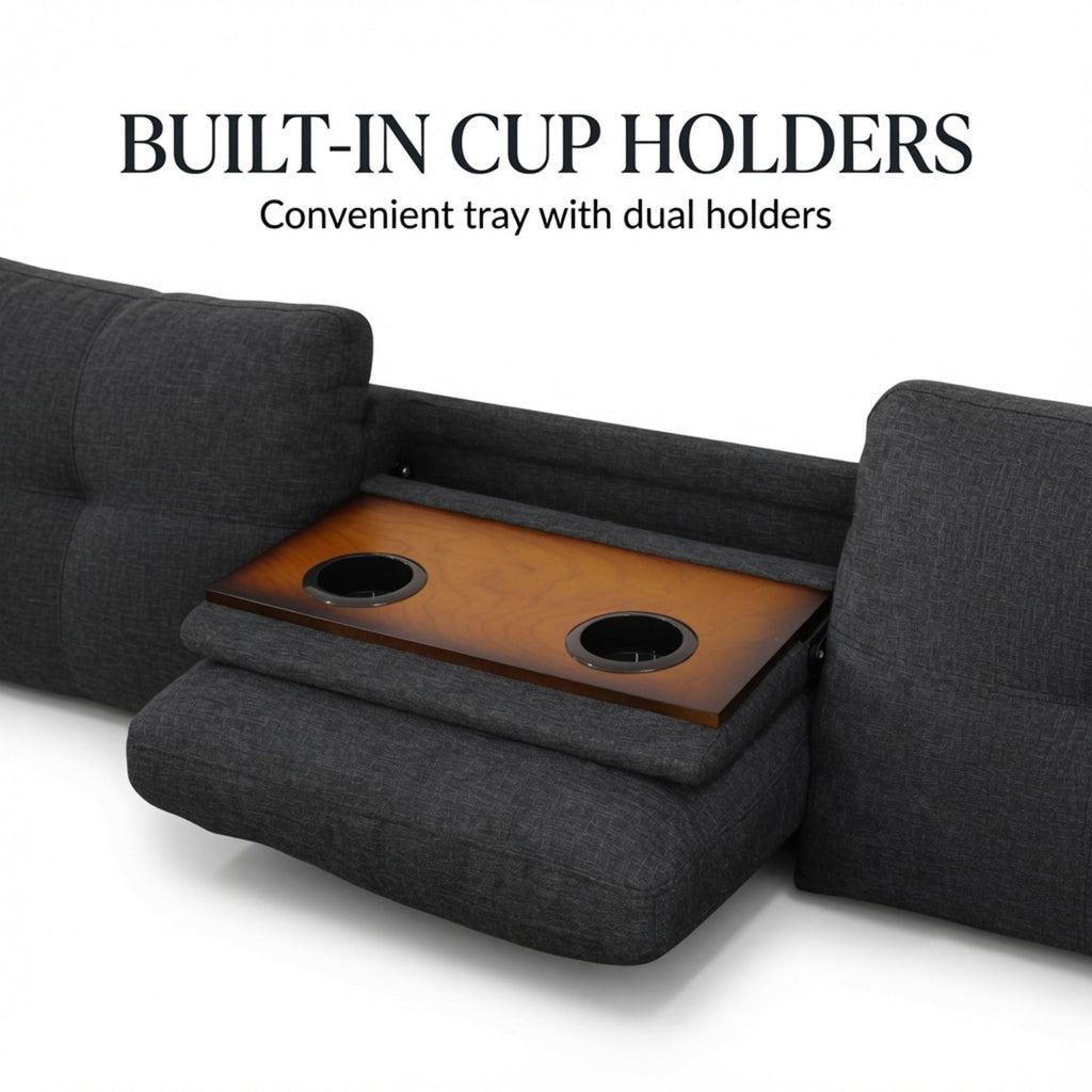 Sectional sofa chaise with recessed tray and dual cup holders in the armrest