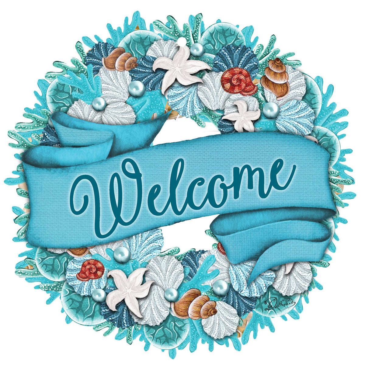 Blue and teal coastal welcome wreath with seashells, starfish, and fringed edges