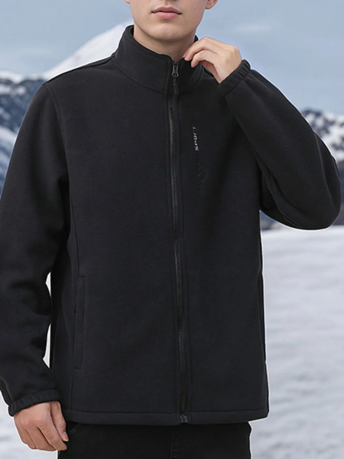 Men's plus size black zip-up thermal fleece jacket with zip front
