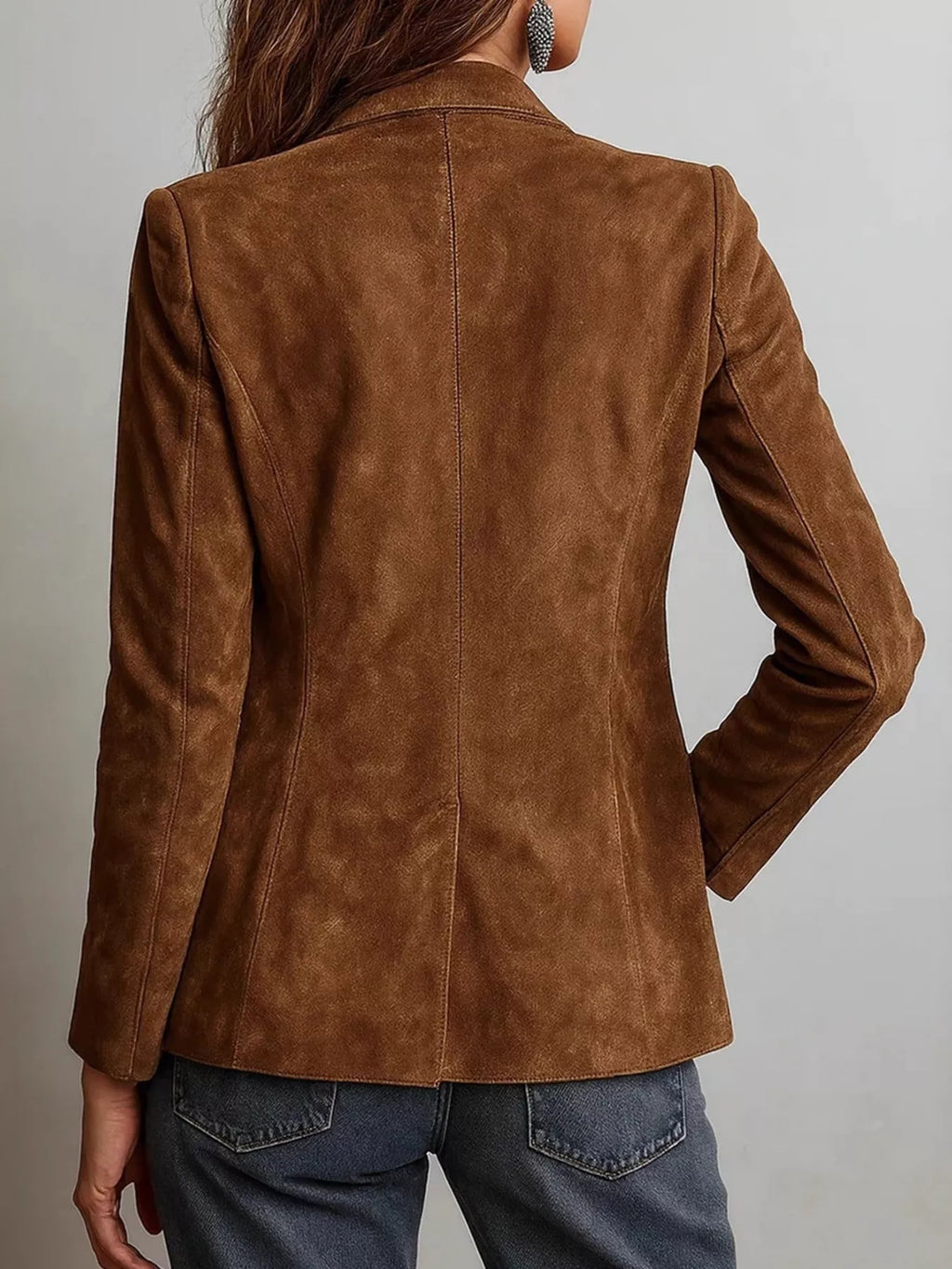 Plus size slim-fit suede long-sleeve blazer in brown, back view with seam details