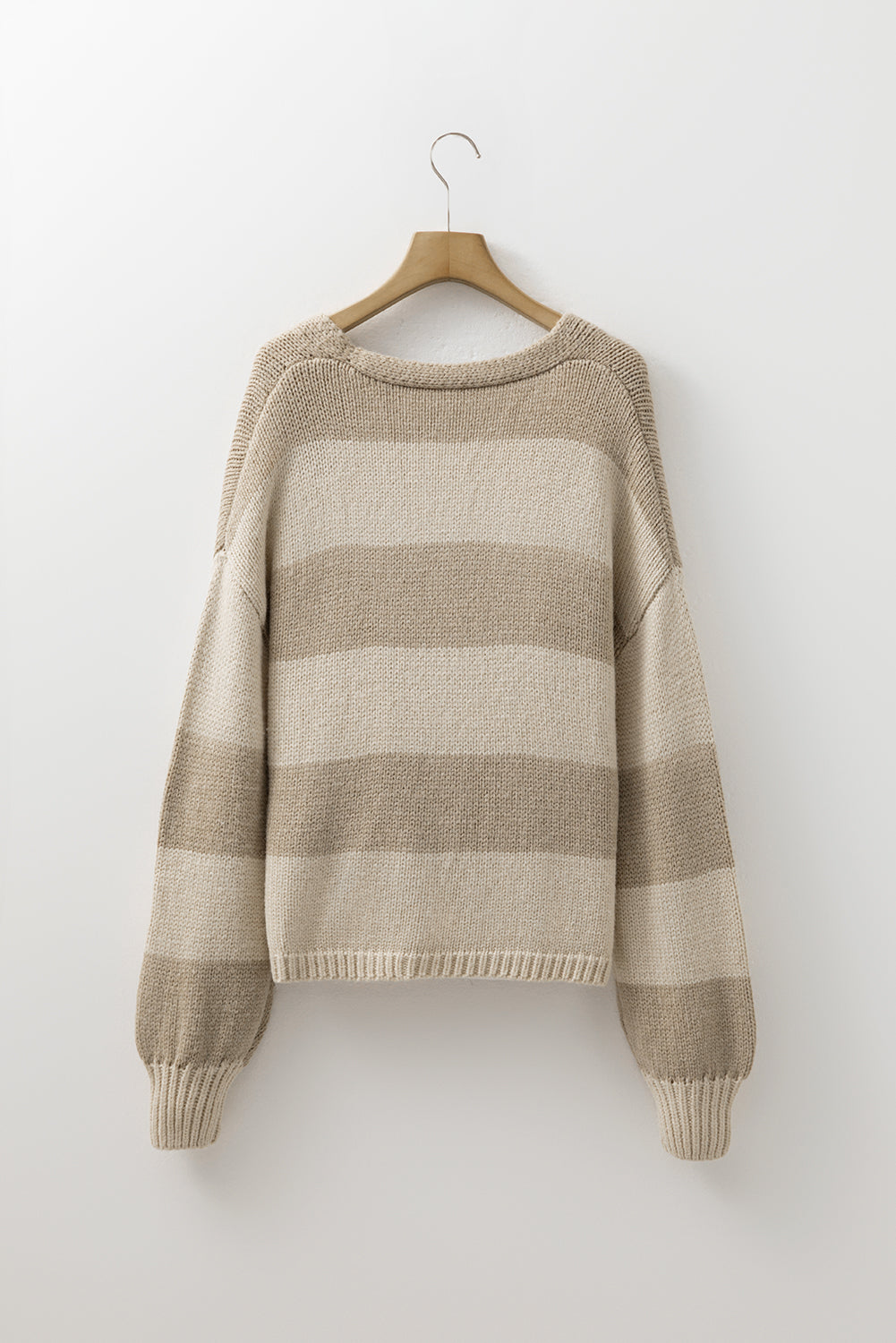 Khaki striped knit sweater with crew neck and long balloon sleeves