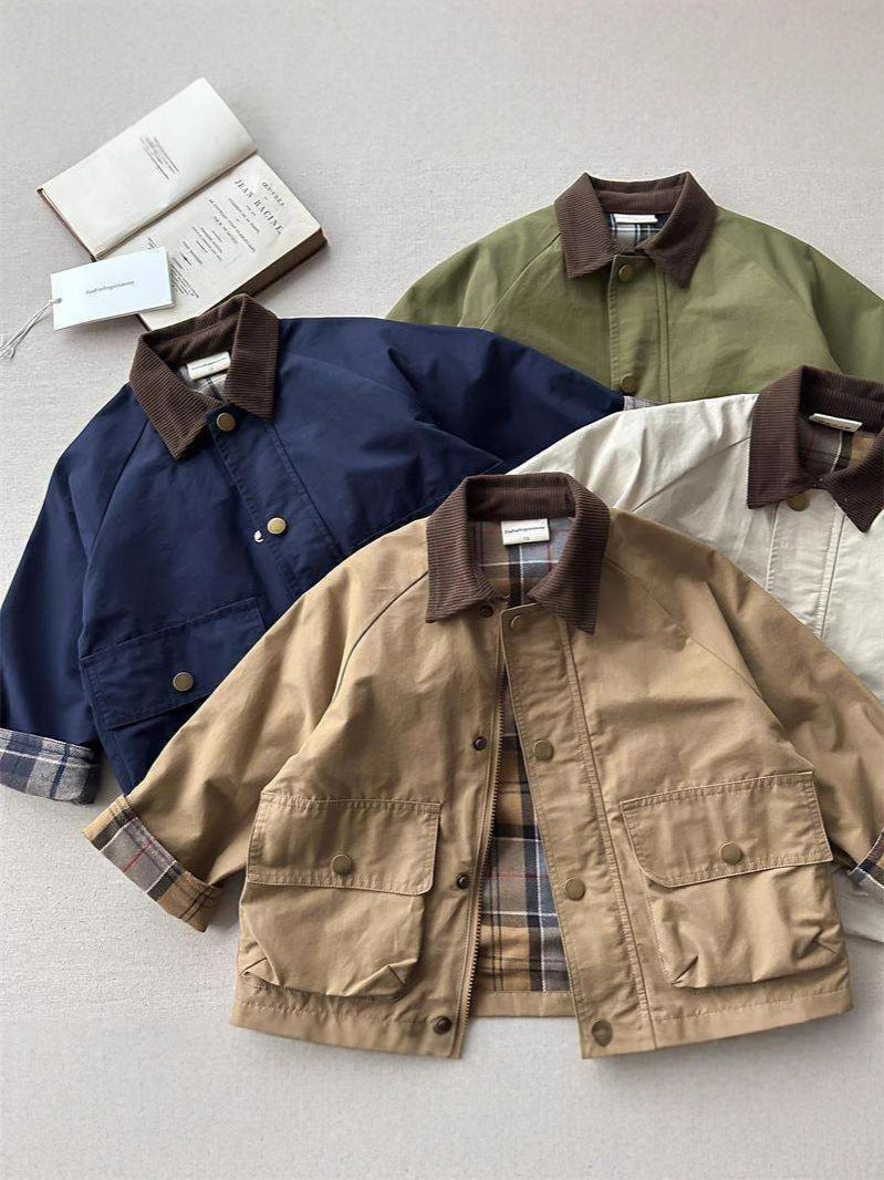 Kids plaid patchwork jackets in navy, olive green, and beige with button fronts