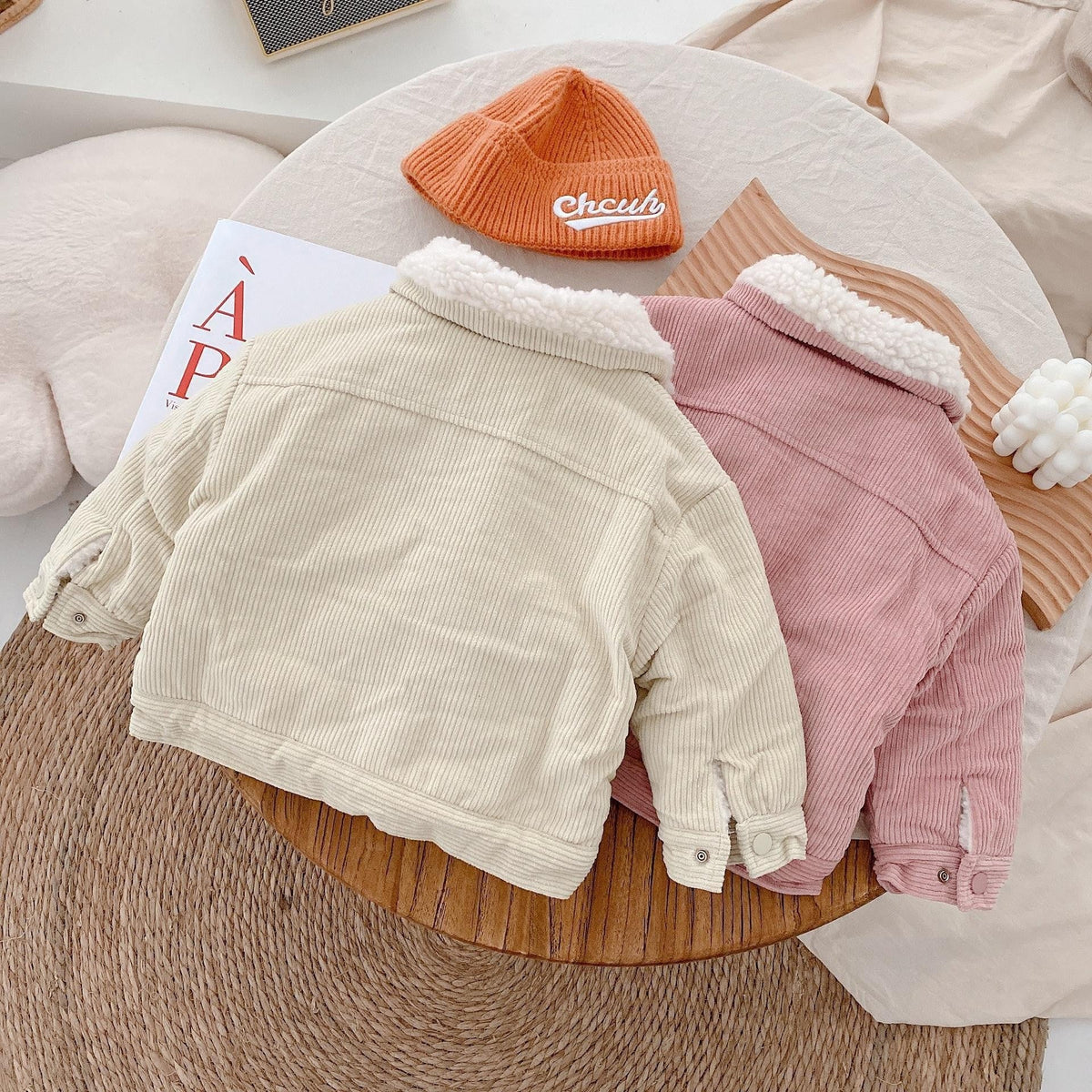 Warm children shirt set, cream and pink corduroy button jackets with sherpa collars