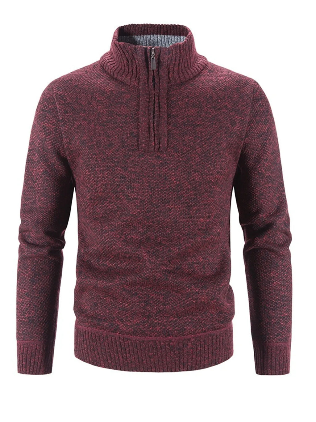 Wine red heather quarter-zip knit sweater, long sleeves, ribbed cuffs and neckline