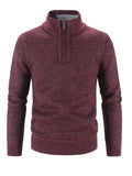 Wine red heather quarter-zip knit sweater, long sleeves, ribbed cuffs and neckline