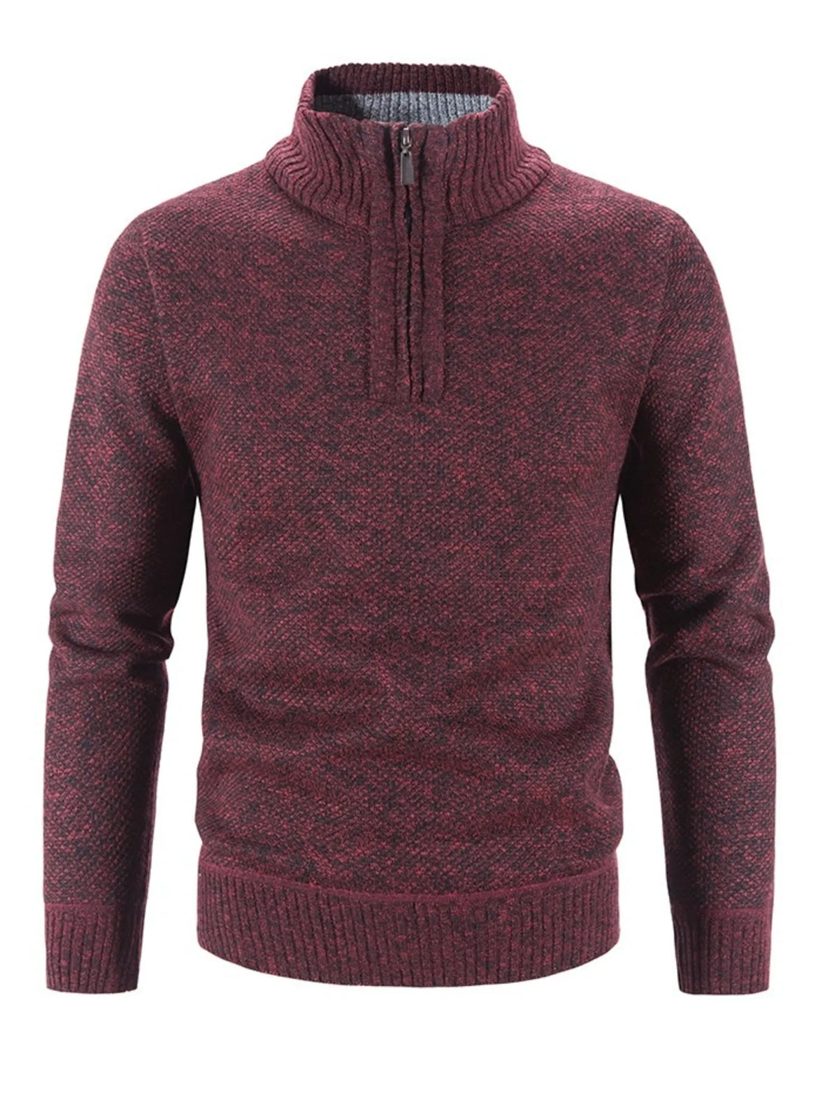 Wine red heather quarter-zip knit sweater, long sleeves, ribbed cuffs and neckline