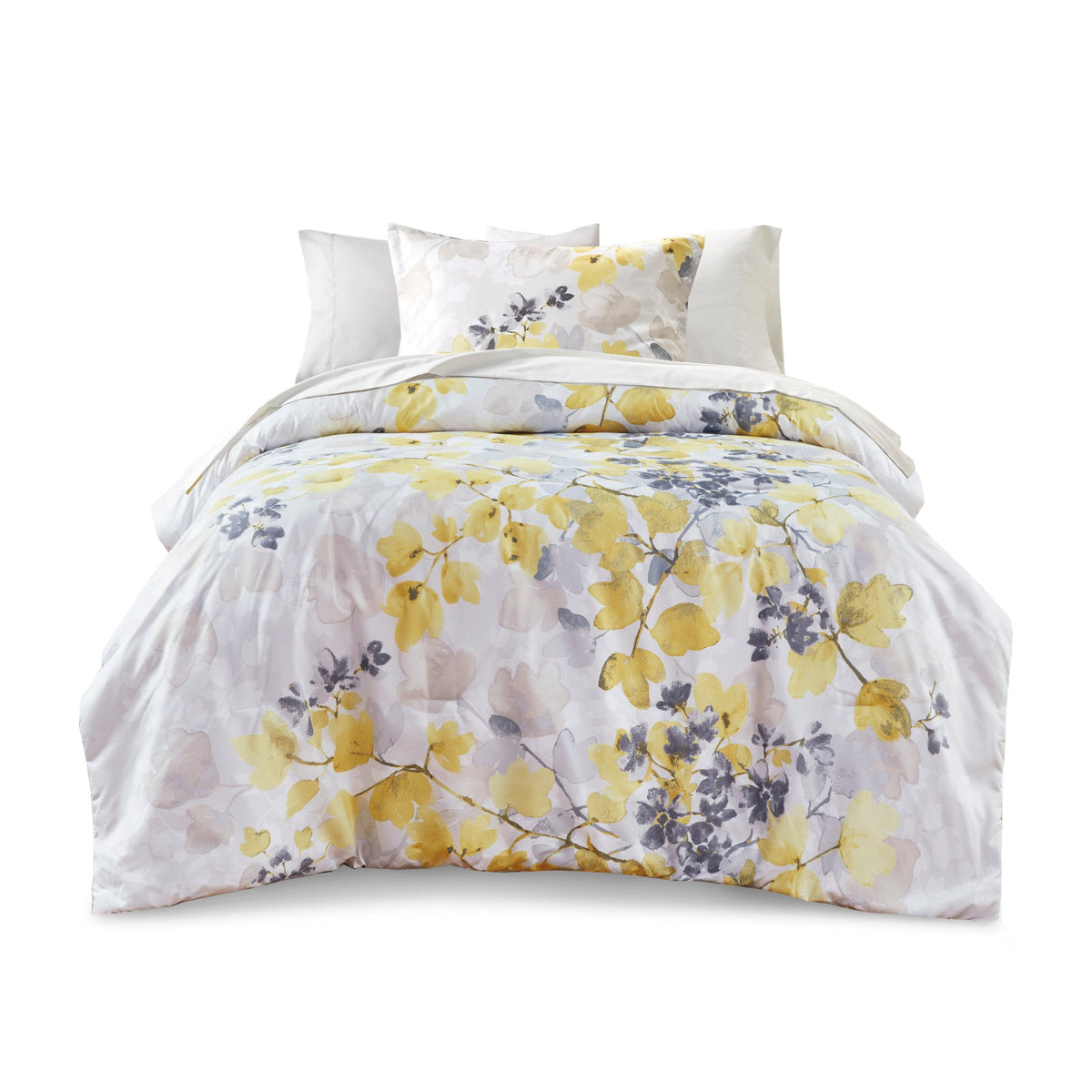 Twin XL comforter set with white sheets and multicolor yellow floral comforter set, full view