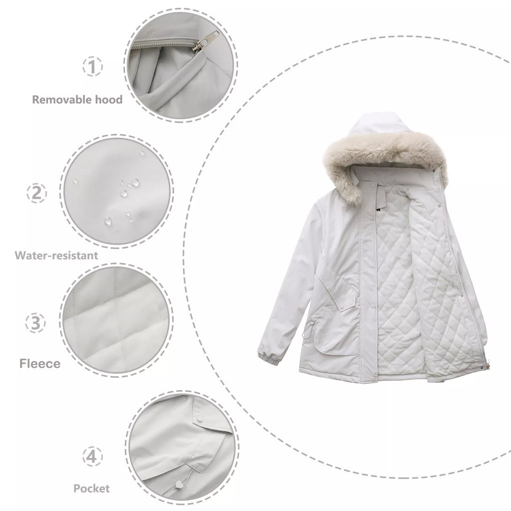 White hooded parka with faux-fur trim and feature callouts for removable hood and fleece