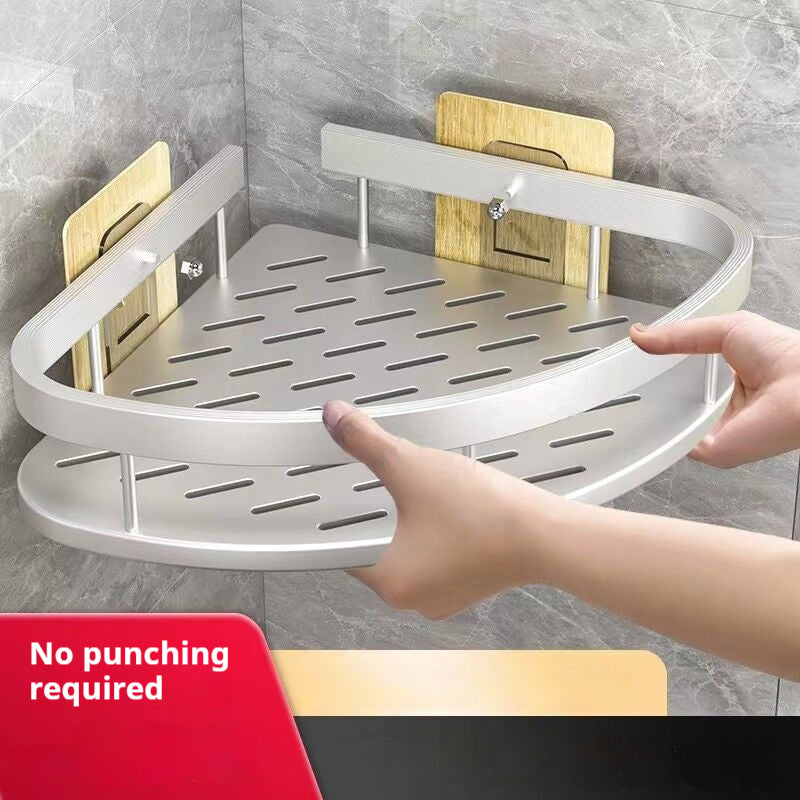 Silver corner shower rack with slotted shelves and wooden back plates