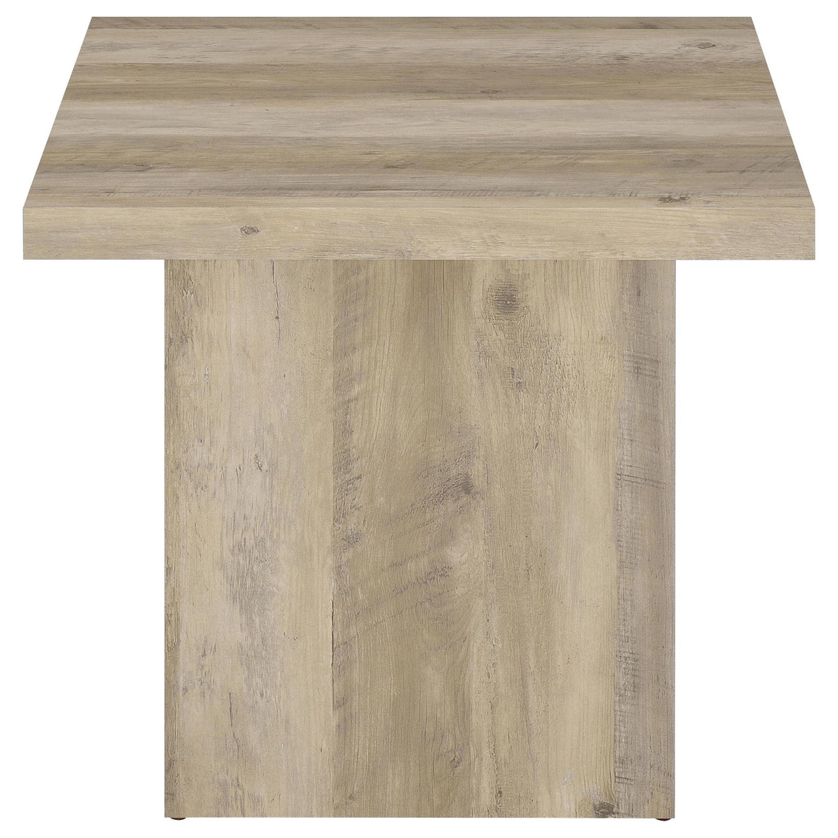 Distressed pine square coffee end table with wide top and straight sides