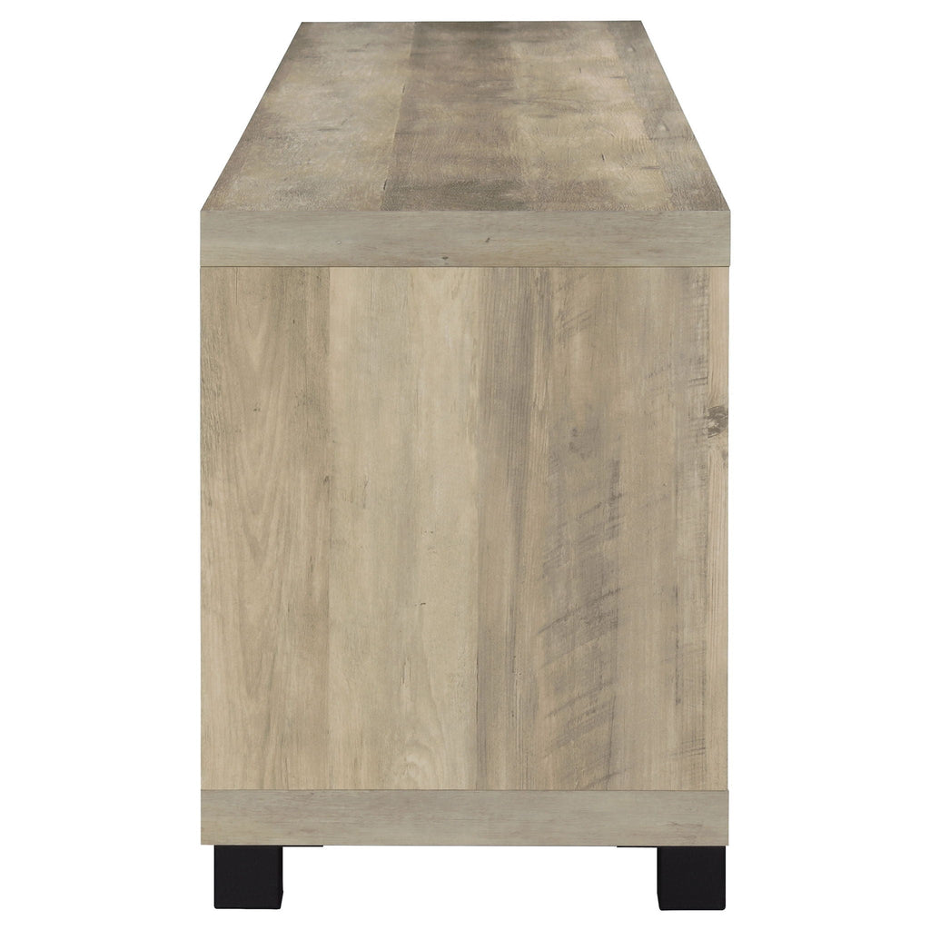 Distressed pine TV stand side panel with black corner feet and flat top