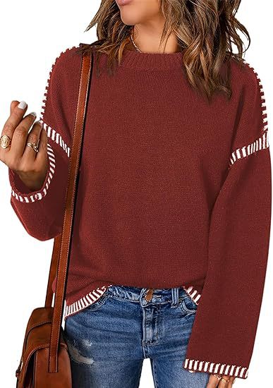 Women’s burgundy round-neck pullover sweater with striped cuffs and hem