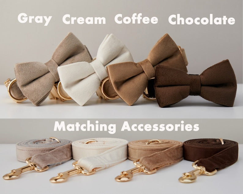 Velvet dog collar leash set with matching bows in coffee tones, multiple items shown