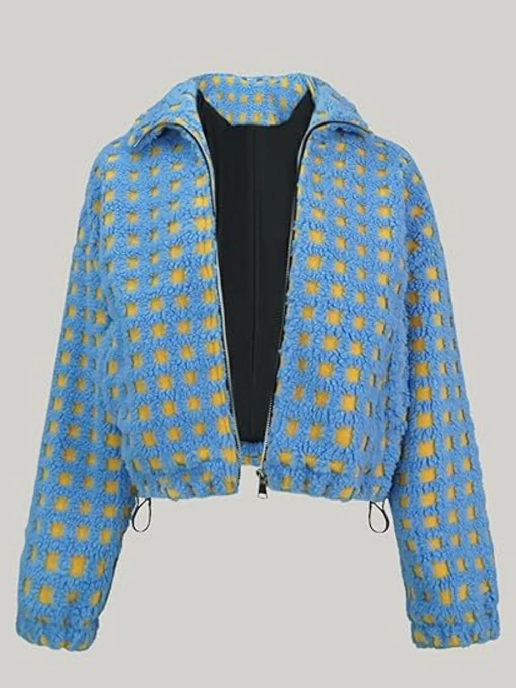 Plaid zip-up sherpa jacket with hood, light blue and yellow grid, front zipper