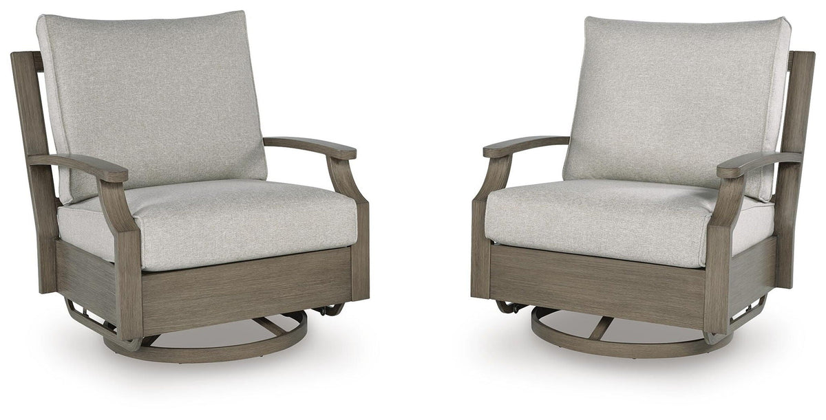 Swivel glider chairs with beige cushions and brown frames, shown side by side