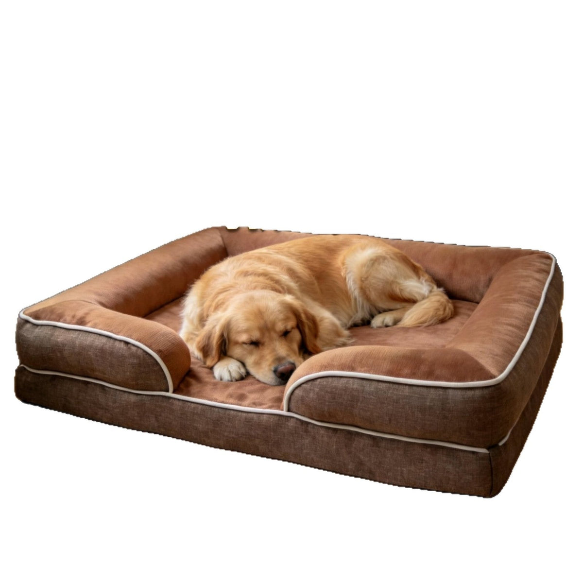 Brown rectangular dog bed with rounded corners and cushioned bolsters, no cover removed