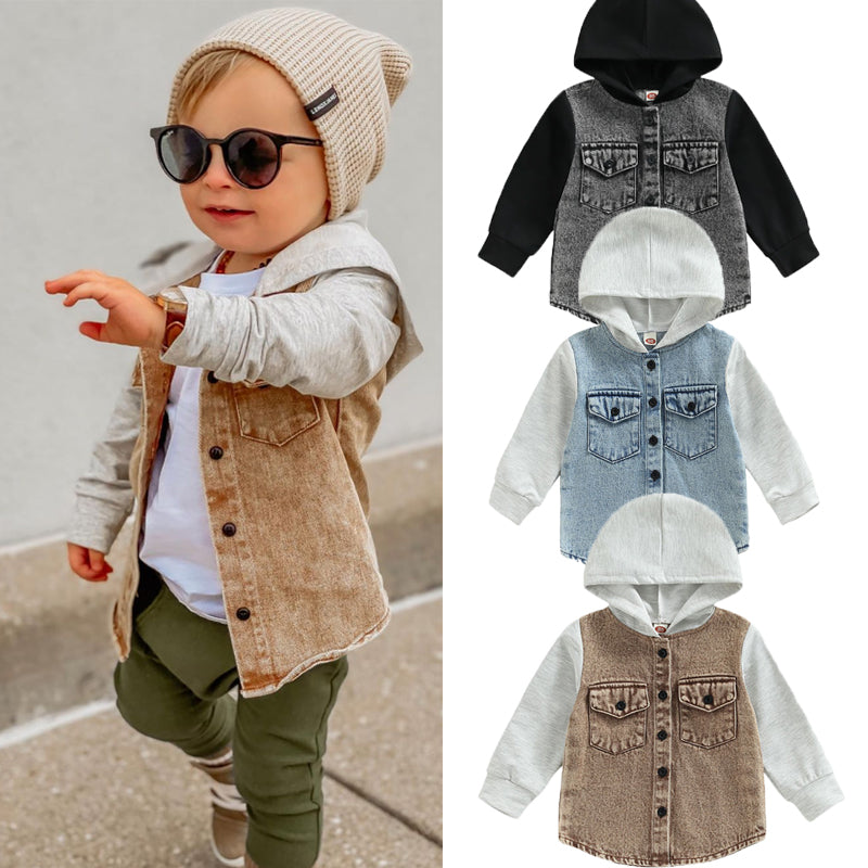 Tan hooded denim-style coat with button front and flap chest pockets