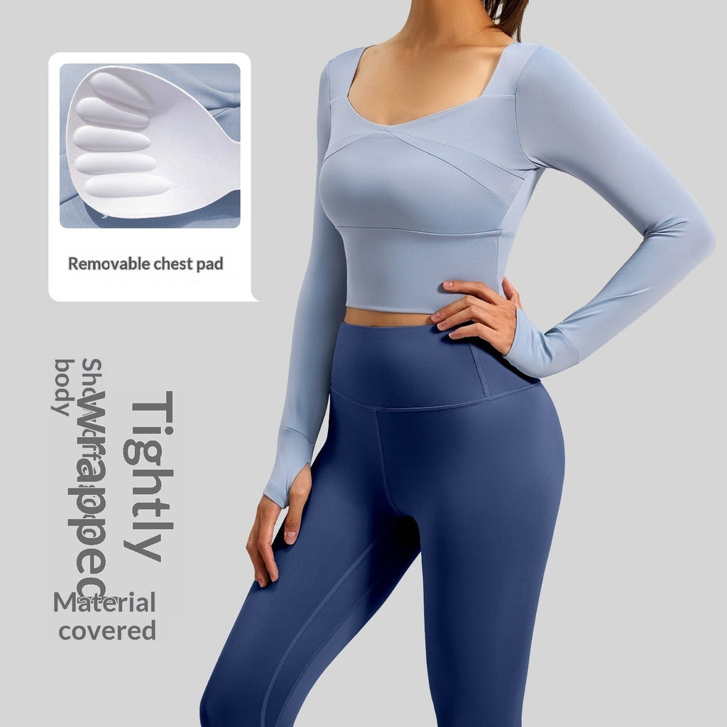 Seamless long-sleeve yoga set, light blue long-sleeve crop top and navy high-waist leggings