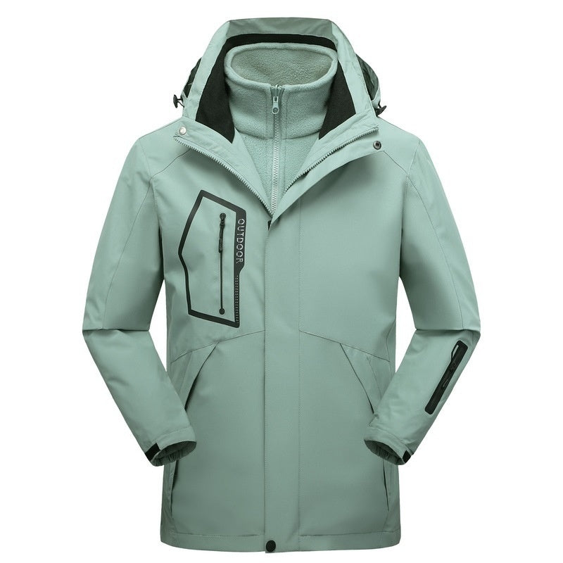 Mint green hooded three-in-one parka with fleece lining and chest patch pocket