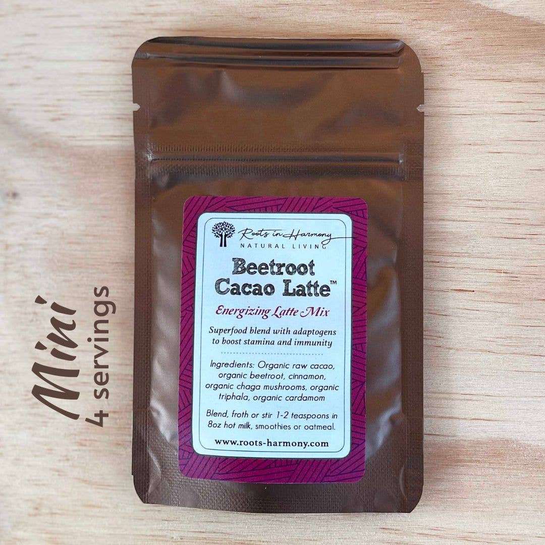 Beetroot cacao latte mix pouch with purple label and resealable top