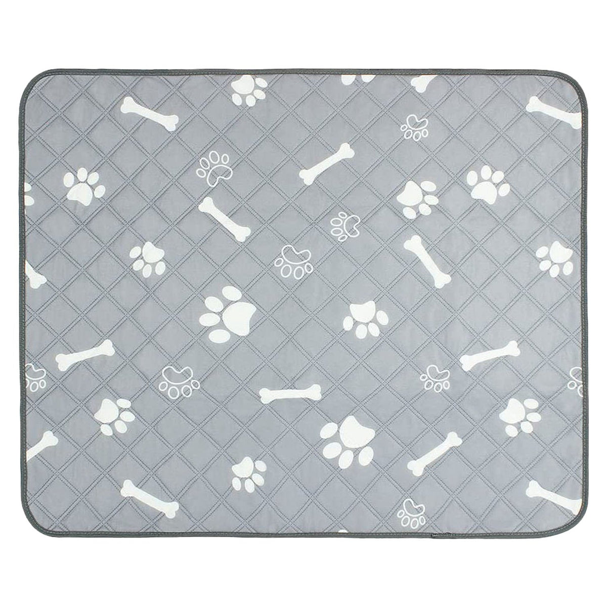 Grey reusable pet potty pad with white paw and bone pattern, stitched border