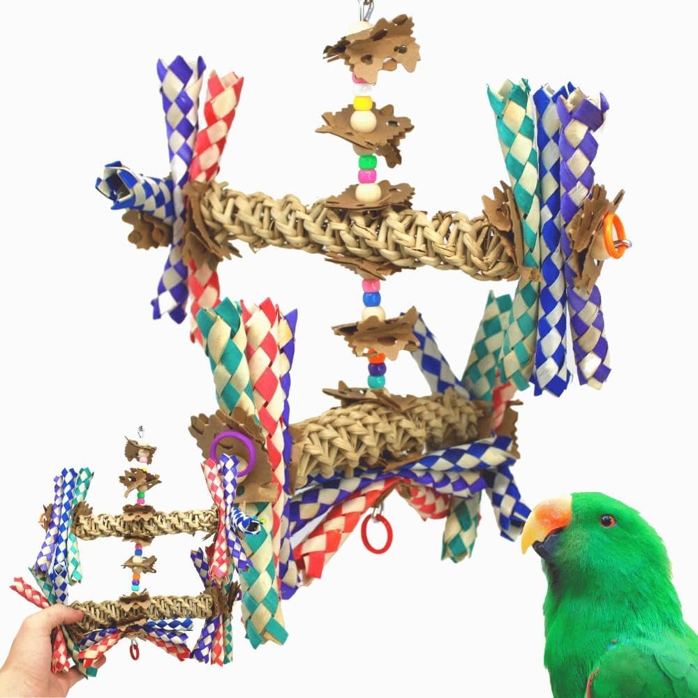 Wide parrot toy with woven natural-fiber bars, colorful braided strips, beads and hanging pieces