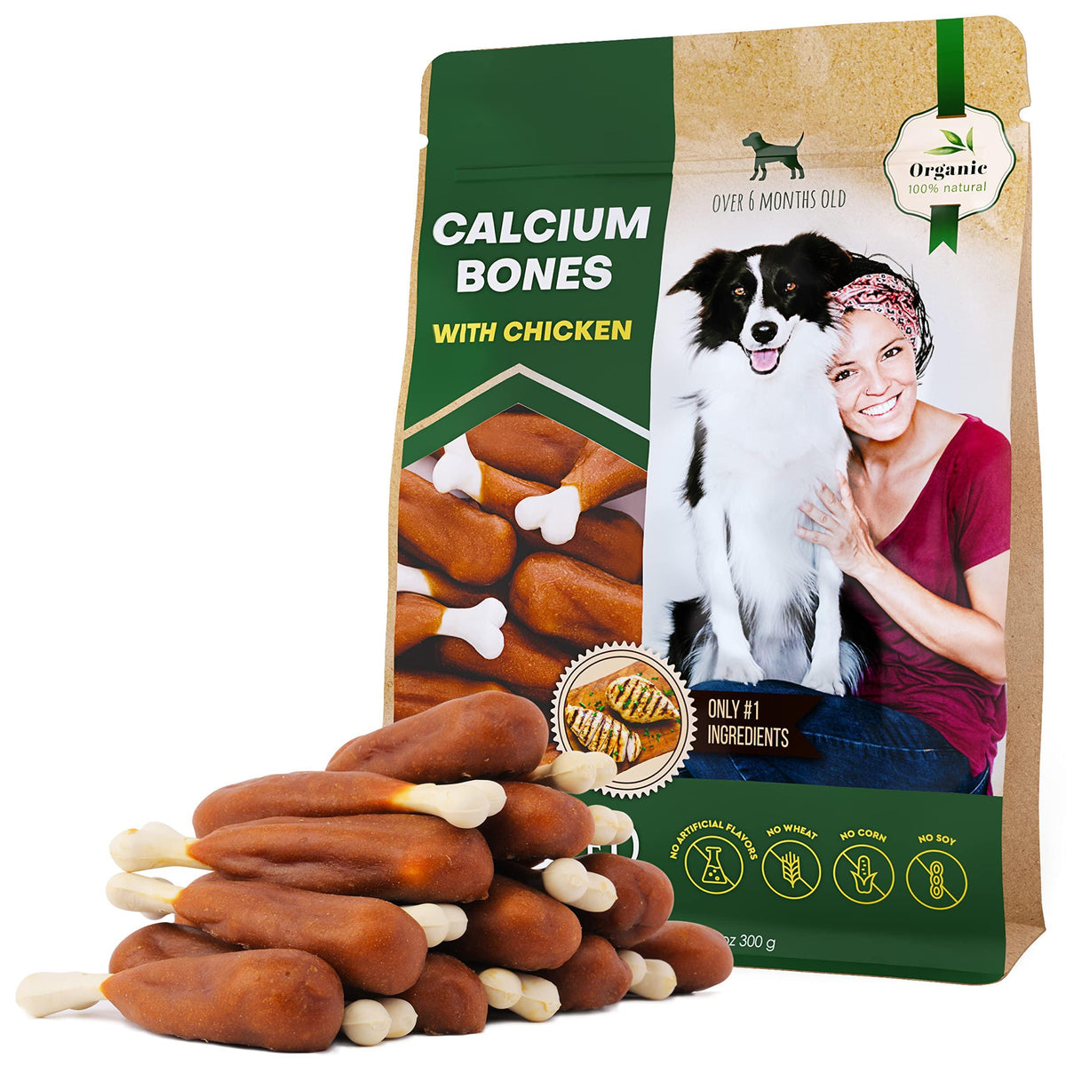 Chicken calcium bones dog chews in green pouch with stacked brown treats and white tips
