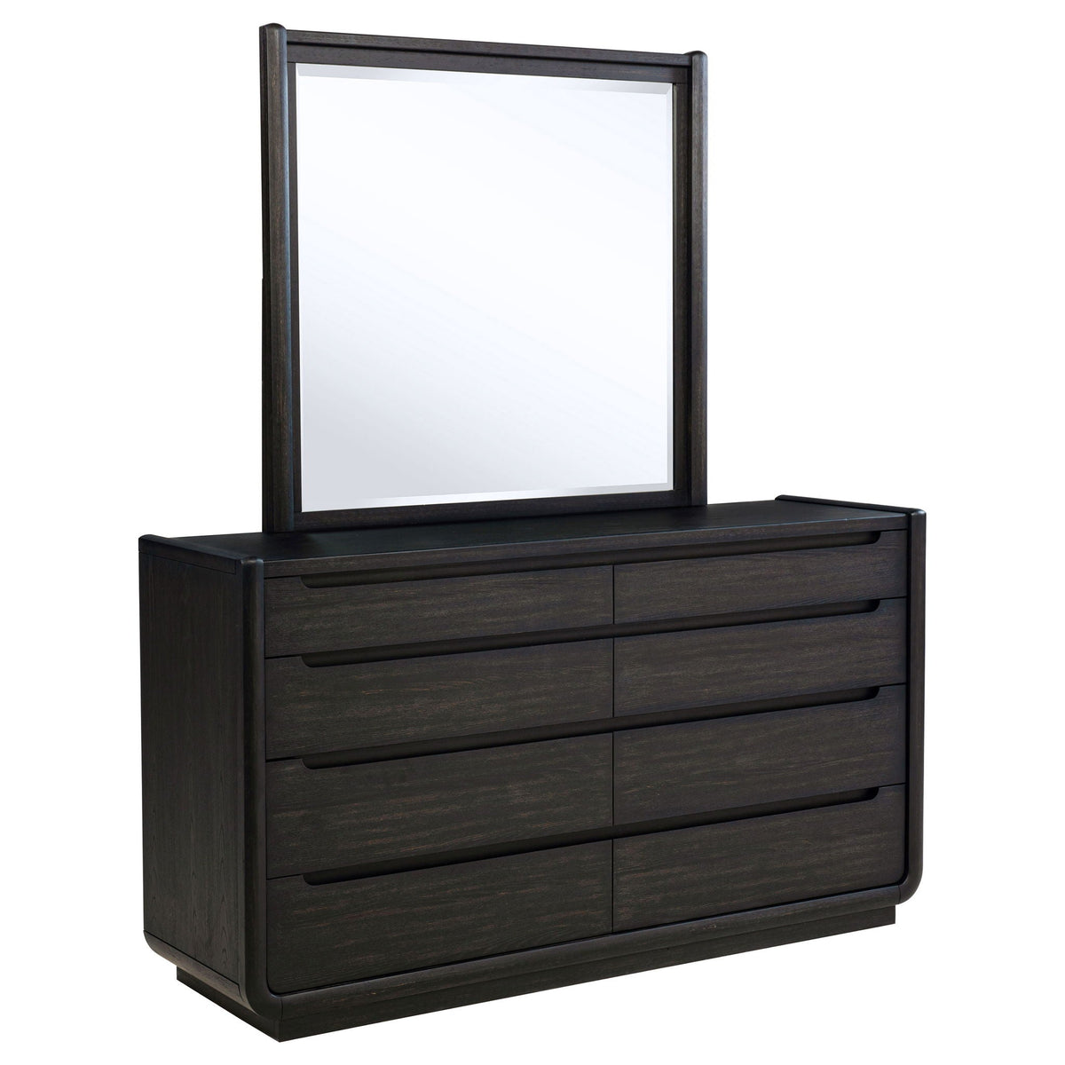 Black 8-drawer bedroom dresser with rectangular hinged mirror and bar pulls