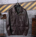 Men's dark leather work jacket, stand collar, two chest pockets, full front zipper