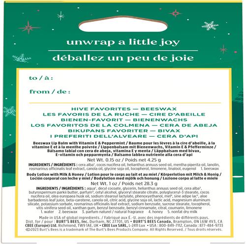 Back of hive favorites gift set box with product details and ingredients list