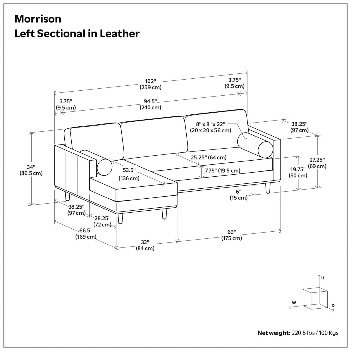 Morrison left sectional sofa size diagram with measurements