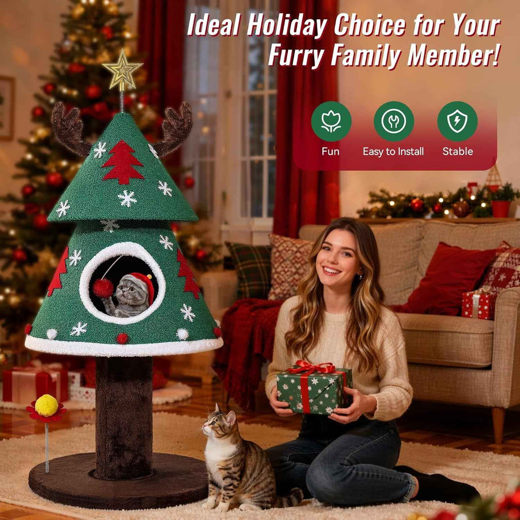 Green Christmas cat tree with a cat hideout, plush antlers and spring teaser toy